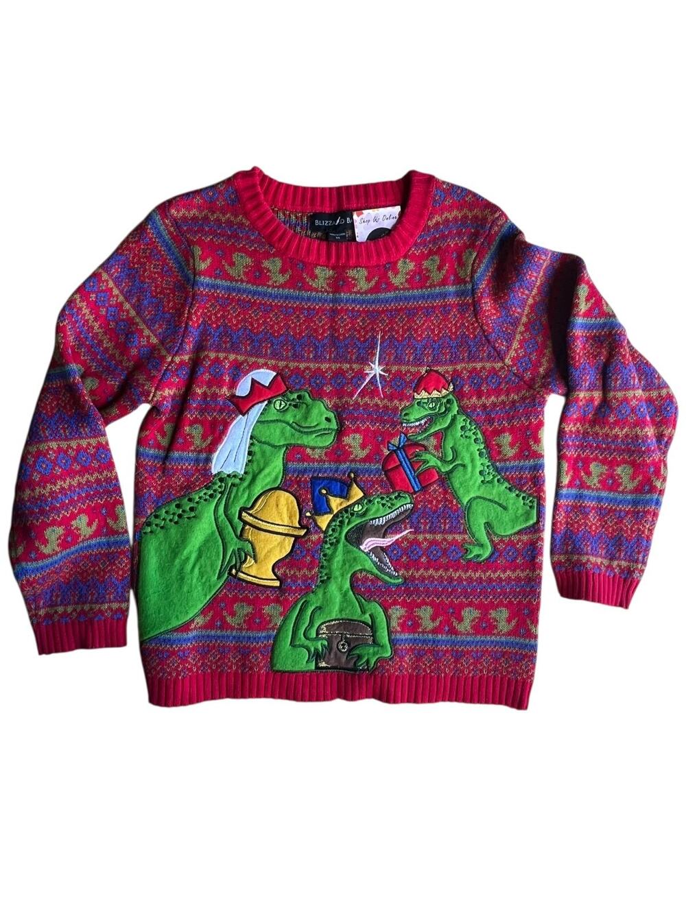 Blizzard Bay Kids Boy T REX Dinosaurs Embroidered Christmas Sweater Size Medium